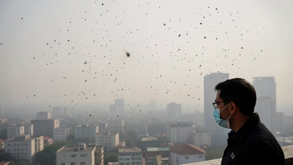 A photo of a cityscape with a hazy atmosphere, highlighting the presence of microplastics in the air, with a person wearing a mask in the foreground.