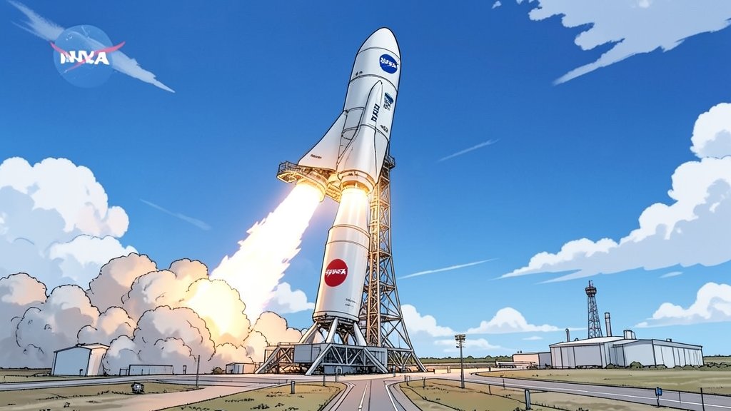 A detailed illustration of the SpaceX Crew-12 mission launch from Cape Canaveral, showing the rocket blasting off into the sky with the NASA logo and SpaceX logo prominently displayed.