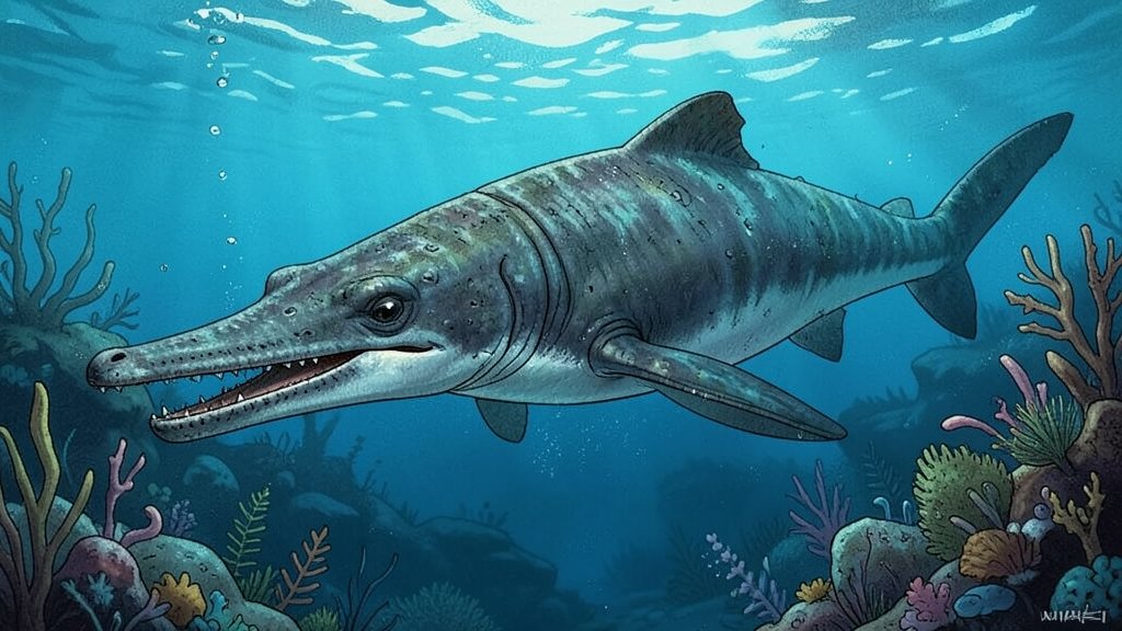 An illustration of the 190-million-year-old "Sword Dragon" ichthyosaur, with a long, sword-like snout and a dolphin-like body, swimming in an ancient ocean.