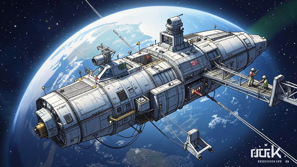 An illustration of a commercial space station in orbit around the Earth, with a spaceship docked and astronauts working outside.