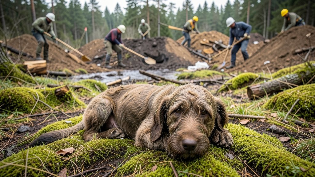 A photograph of a 5,000-year-old dog remains found in a Swedish bog, with archaeologists excavating the site in the background.