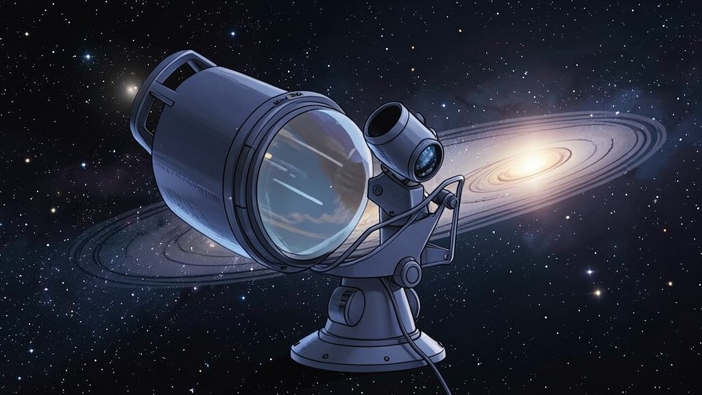 An illustration of a futuristic space telescope observing a distant exoplanet, with a subtle background of stars and galaxies, conveying a sense of exploration and discovery.
