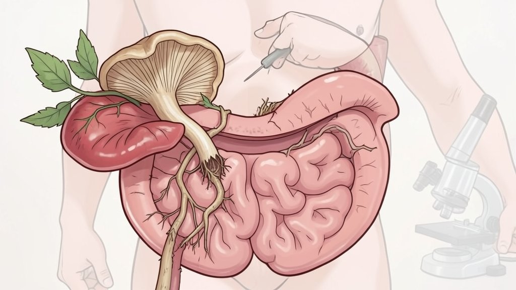 An illustration of a fungus helping to repair a damaged gut lining, with a subtle background of a human body and a faint image of a microscope in the corner.