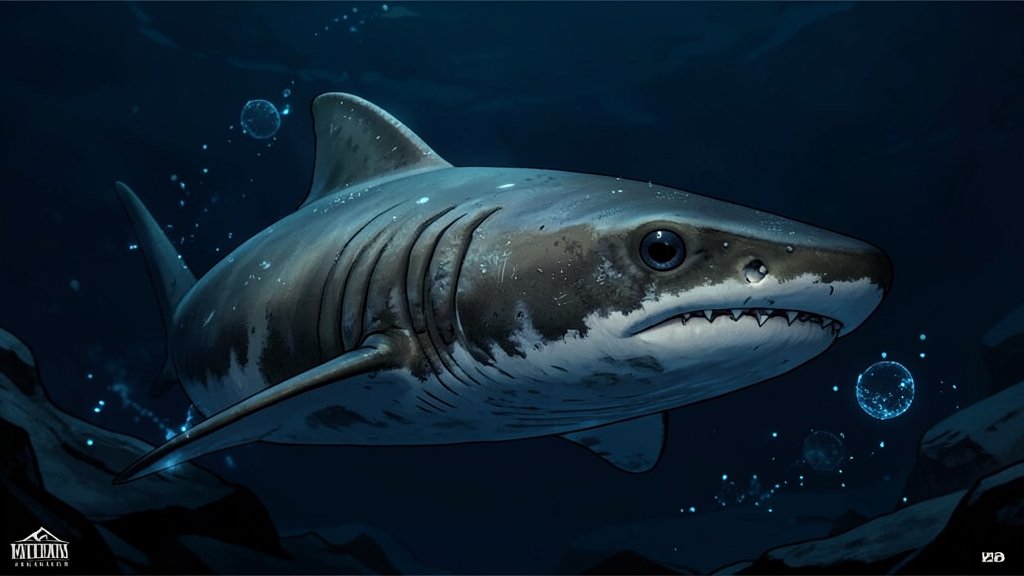 A detailed illustration of a Greenland shark swimming in dark Arctic waters, with a close-up of its eyes and a subtle hint of bioluminescent organisms in the background.
