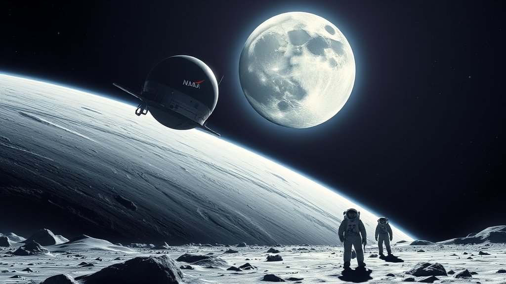 An illustration of the NASA Artemis II spacecraft approaching the Moon, with the Earth visible in the background, and astronauts in spacesuits on the lunar surface.
