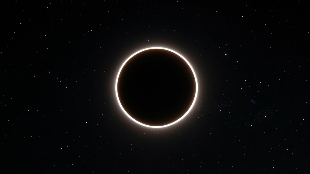 A high-resolution image of a solar eclipse with a ring of fire, showing the moon passing between the earth and the sun, with a dark sky and stars visible in the background.
