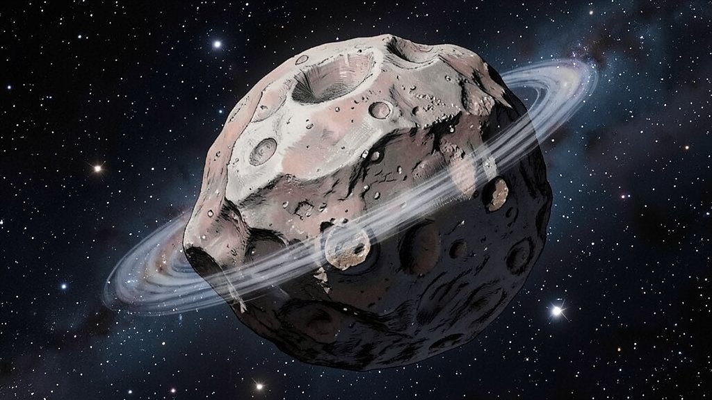 a detailed illustration of a massive asteroid spinning rapidly in space, with a subtle background of stars and galaxies