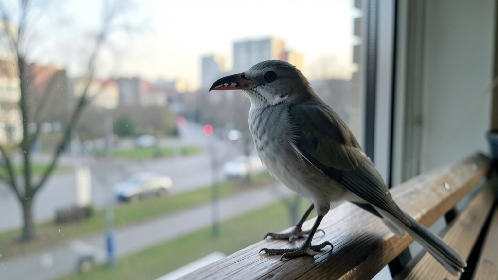 A photograph of a city bird with a visibly changed beak shape, perched on a windowsill or a park bench, with a blurred background of urban scenery, highlighting the contrast between nature and human-made environments.