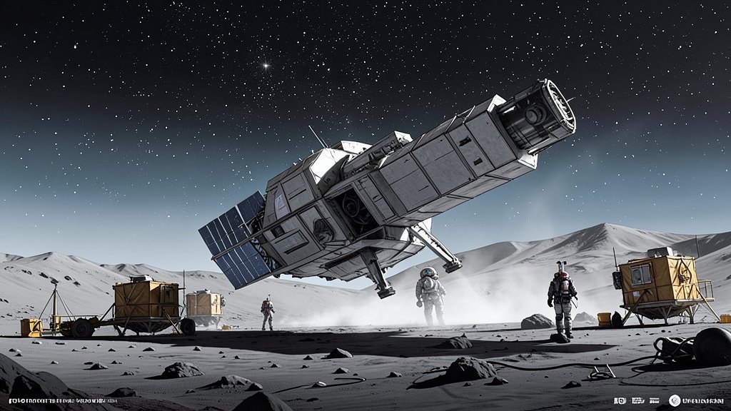 A futuristic illustration of a spacecraft landing on the Moon's surface with astronauts in the background, surrounded by lunar modules and equipment, under a starry sky.