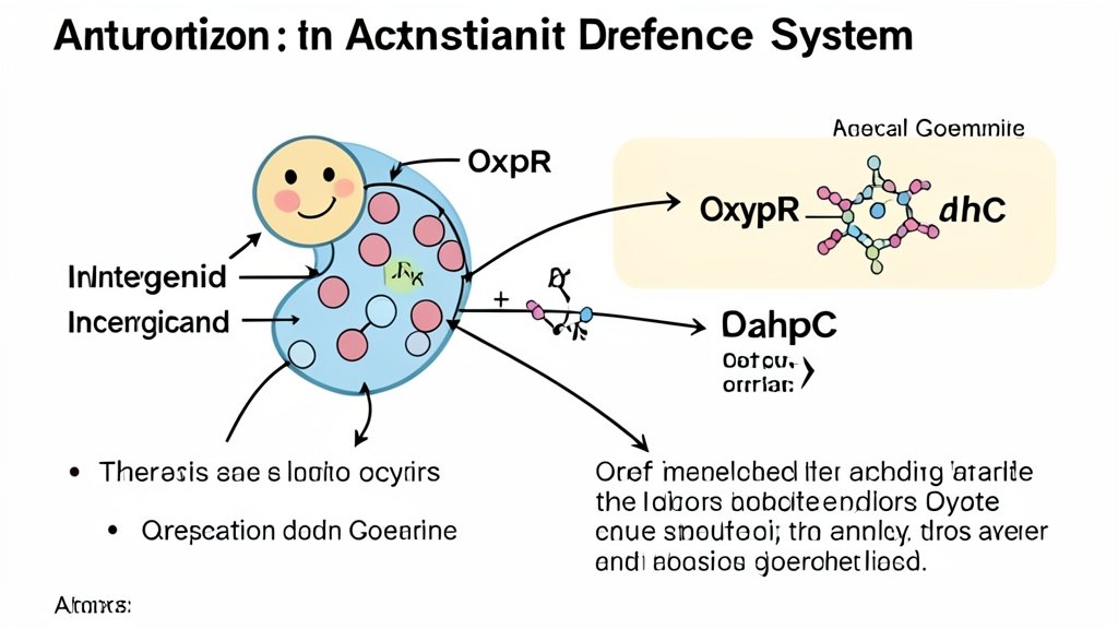 An illustration of the oxyR and ahpC genes in a bacterial genome, with a representation of the intergenic region and the effects of mutations on the antioxidant defense system.