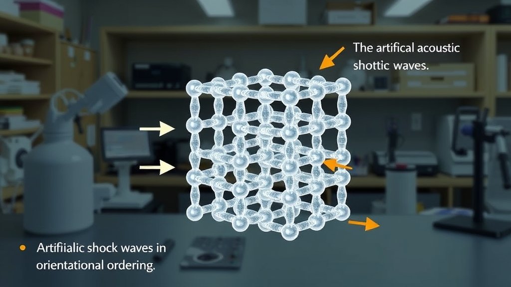 An illustration of a calcite crystal lattice structure with arrows indicating the effects of artificial acoustic shock waves on its orientational ordering, set against a backdrop of a laboratory setting with scientific equipment.