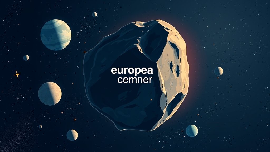 An illustration of an asteroid with the European Space Agency's logo in the background, surrounded by stars and planets, with a subtle hint of a defensive shield.