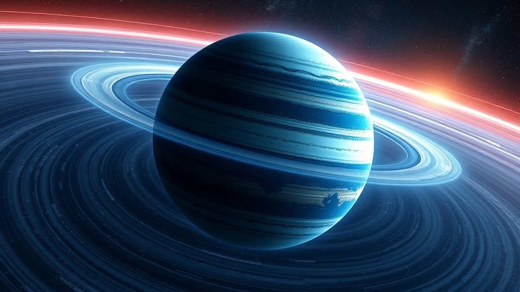 An illustration of a giant planet with a strong magnetic field, surrounded by a halo of superionic water molecules.
