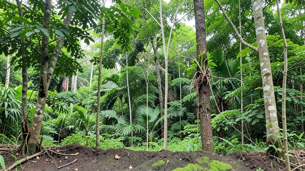 A photograph of a recovering tropical forest with a lush green canopy and a few trees with visible signs of new growth, with a subtle hint of nitrogen-rich soil in the foreground.
