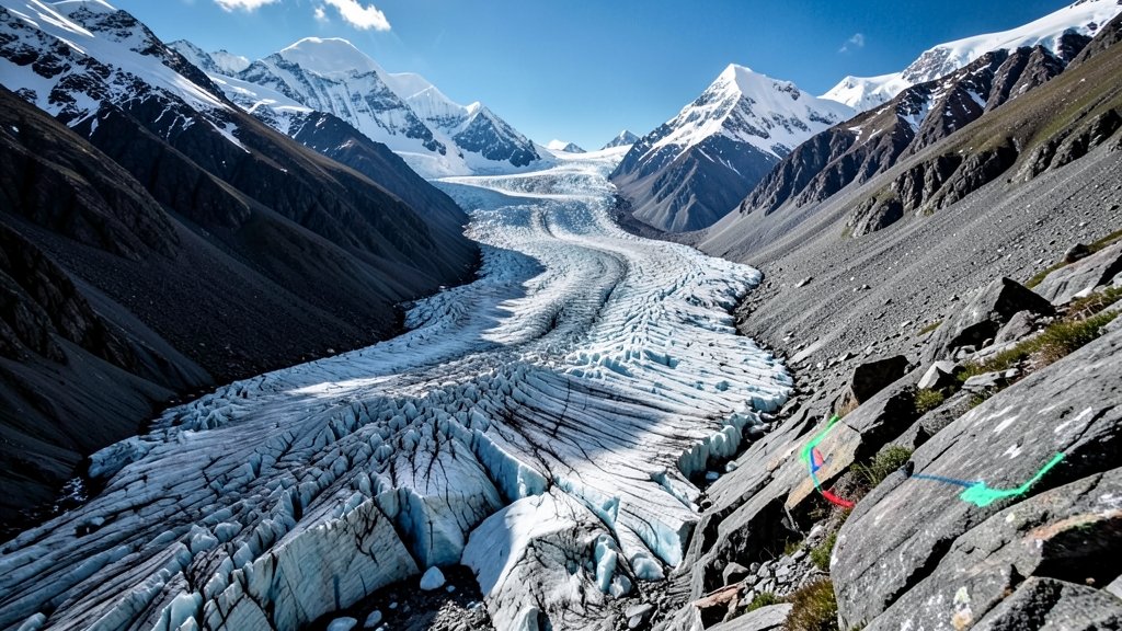 A dramatic photo of a glacier retreating in the Himalayas, with a clear visual contrast between the current glacier extent and the historical extent marked on the rocks.