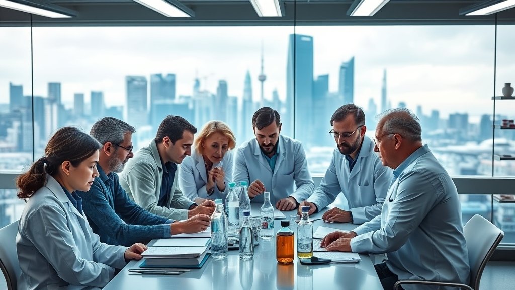 A group of diverse scientists from different fields gathered around a table, discussing and planning their future research projects with a cityscape or a futuristic laboratory in the background.