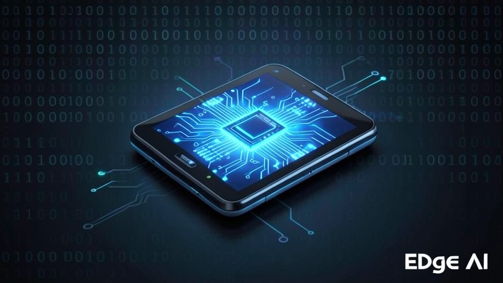 A futuristic illustration of a small, sleek device with a glowing blue circuit board, representing edge AI technology, with a subtle background of 1s and 0s to symbolize the digital realm.
