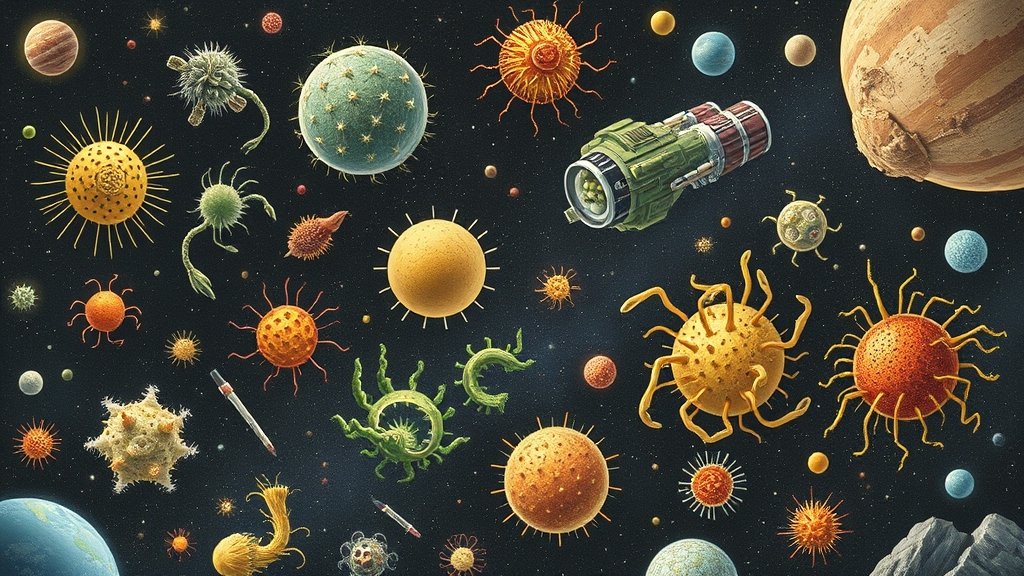 An illustration of various microorganisms and extremophiles in space, with a spaceship or a planet in the background, highlighting the diversity of life beyond Earth.