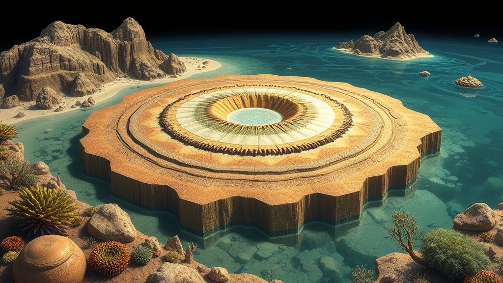 An illustration of a salt diapir forming a stromatolite platform reef in the Neoproterozoic Era, with ancient marine life and geological features in the background.