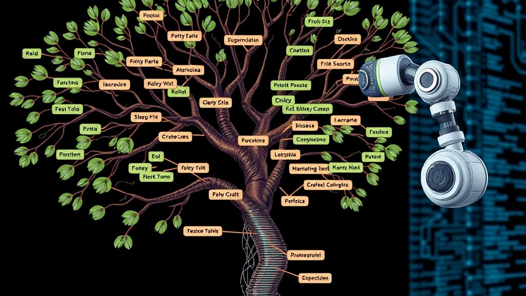A detailed illustration of a tree with branches representing different types of diseases, with a robotic arm or a computer system in the background analyzing the tree to find patterns and connections for rare disease diagnosis.