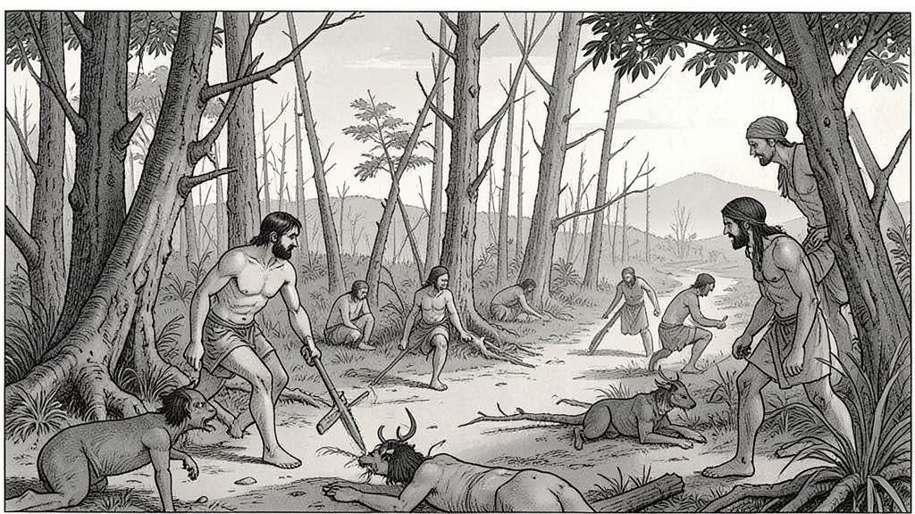An illustration of ancient humans interacting with their environment, showing deforestation, hunting, and other activities that impacted the ecosystem