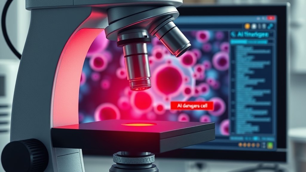 A detailed illustration of a microscope with a computer screen in the background, displaying an AI-generated image of blood cells, with a red flag highlighting a dangerous cell.