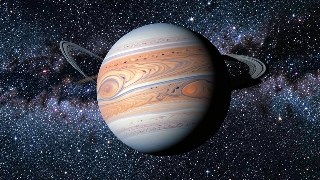 A high-resolution image of the planet Jupiter with its moon Ganymede in transit, set against a backdrop of stars and the Milky Way galaxy.