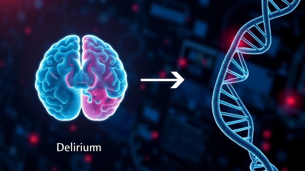 A medical illustration showing the connection between genetic factors and delirium, with a brain scan and DNA helix in the background.