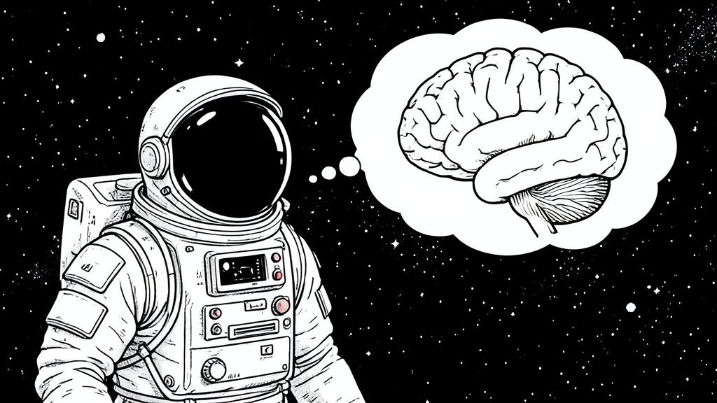 An illustration of an astronaut in space with a thought bubble showing a brain scan, highlighting the changes in brain shape and position after time in space
