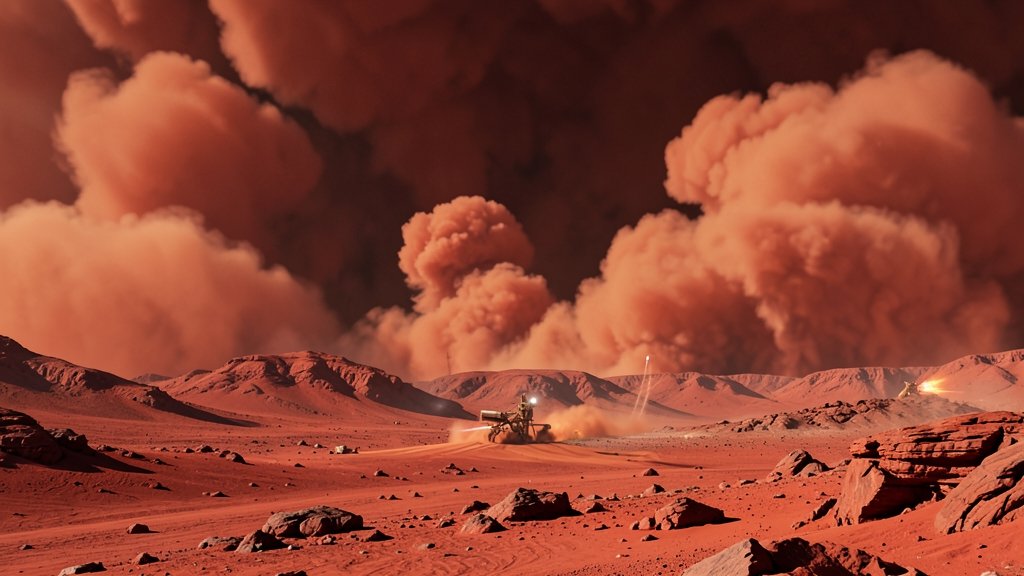 A stunning AI-generated image of the Martian landscape with massive dust storms and sandblasters in action, showcasing the red planet's rugged terrain and extreme weather conditions