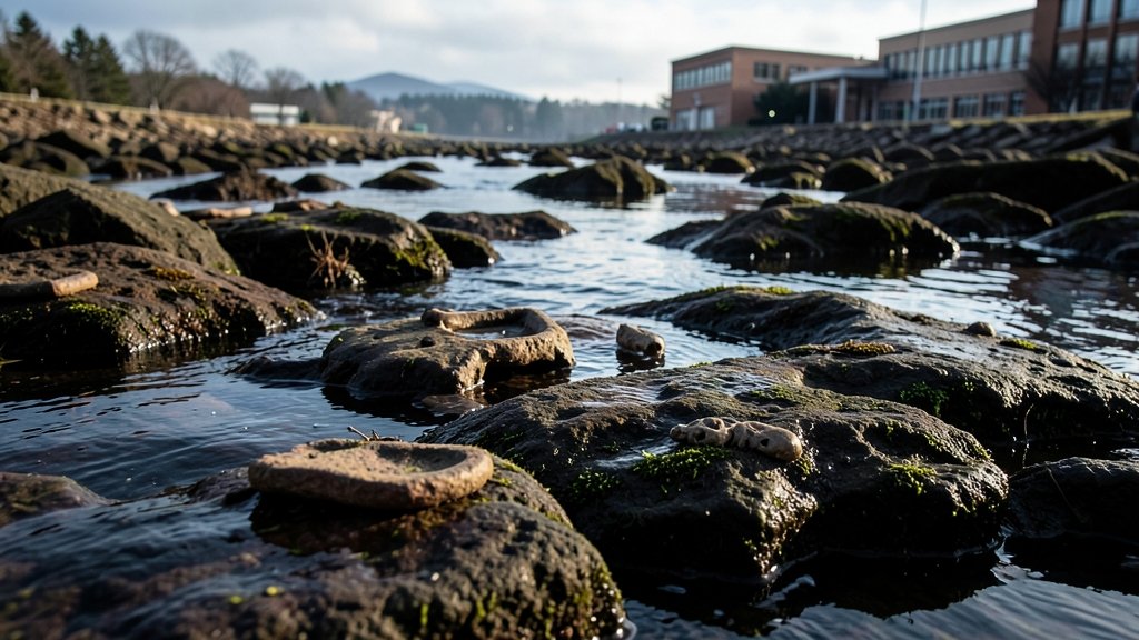 A dramatic image of a flooded area with fossils visible in the rocks, with a subtle background of a university or research institution