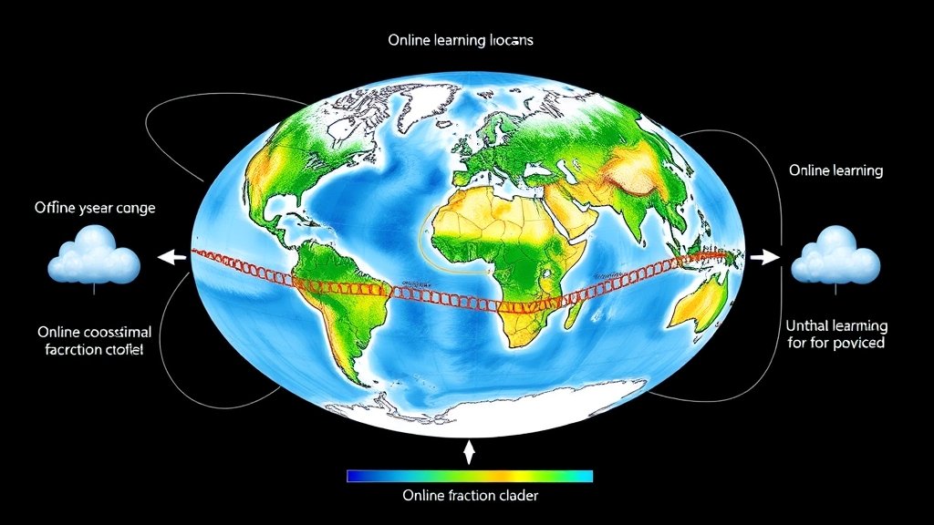 A detailed illustration of a hybrid earth system model with machine learning cloud fraction closure, highlighting the online learning process and its applications in environmental science and research.