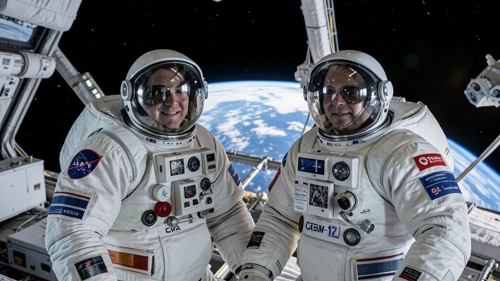 A photo of the NASA Crew-11 astronauts in their spacesuits, with a background of the International Space Station and the Earth