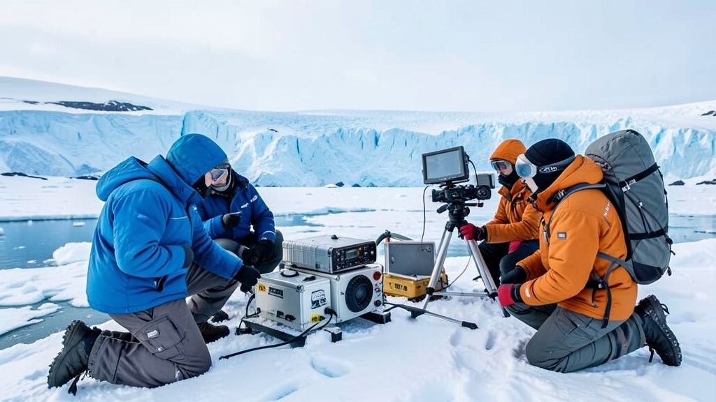 A team of scientists in Antarctica, studying the Thwaites Glacier with research equipment and a vast, icy landscape in the background