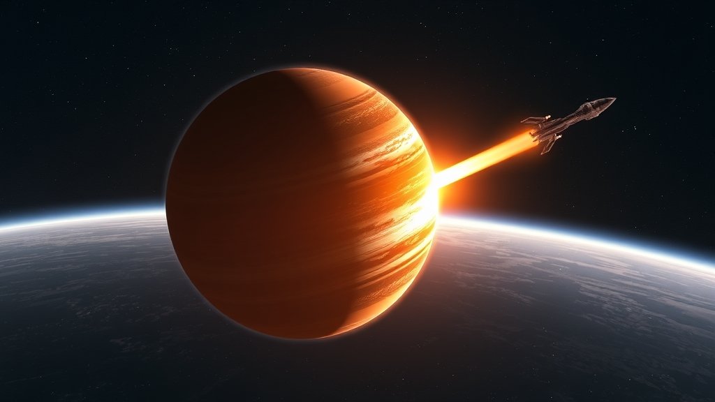 An illustration of an exoplanet with a thin atmosphere, with a spaceship in the background observing the ultraviolet radiation escaping from the planet