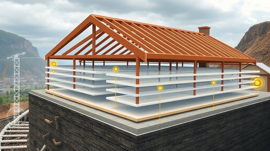 A detailed illustration of a deep multi-layer hard roof structure with sensors and monitoring equipment to detect dynamic and static load coupling, set against a backdrop of a natural disaster such as an earthquake or landslide.
