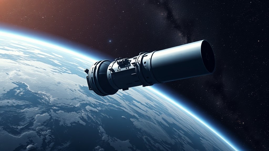 A detailed illustration of the Spektr-RG space telescope in orbit around Earth, with a background of stars and galaxies