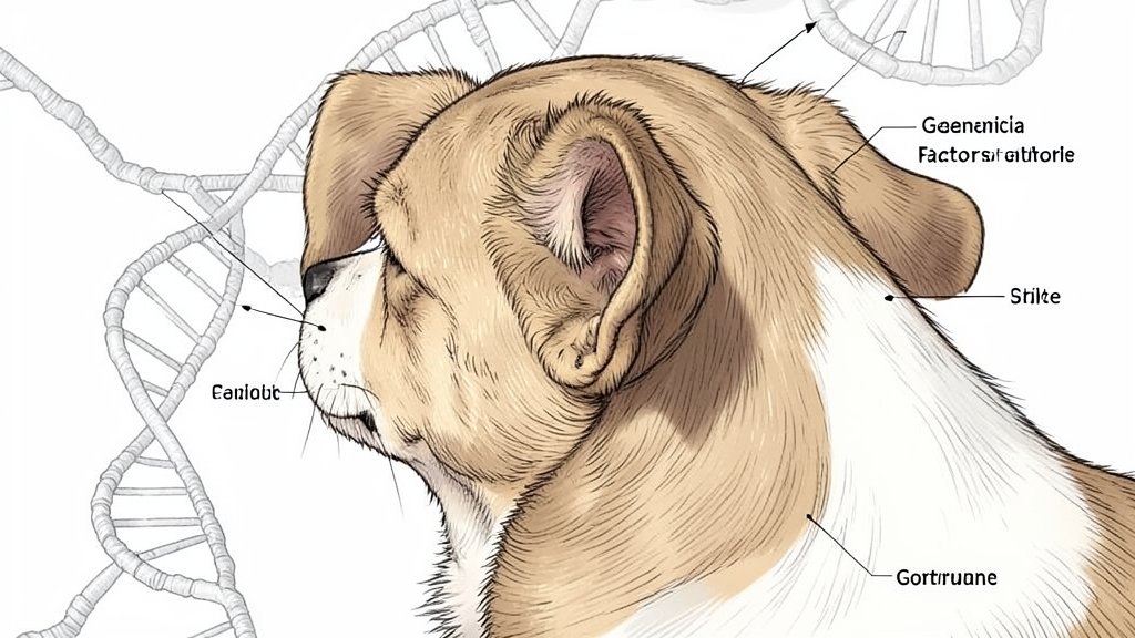 A detailed illustration of a dog's ear, highlighting the genetic factors that contribute to its floppy shape, with a DNA double helix in the background.