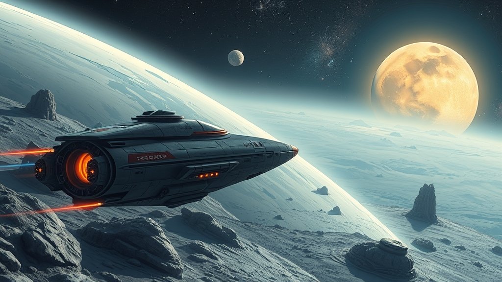 An illustration of a spacecraft exploring a distant planet with signs of ancient life in the background