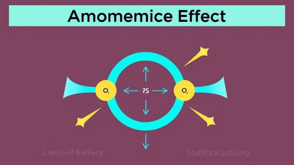 An illustration of the anomeric effect in a molecule, with arrows showing the delocalization of electrons and the resulting stabilization of the molecule.
