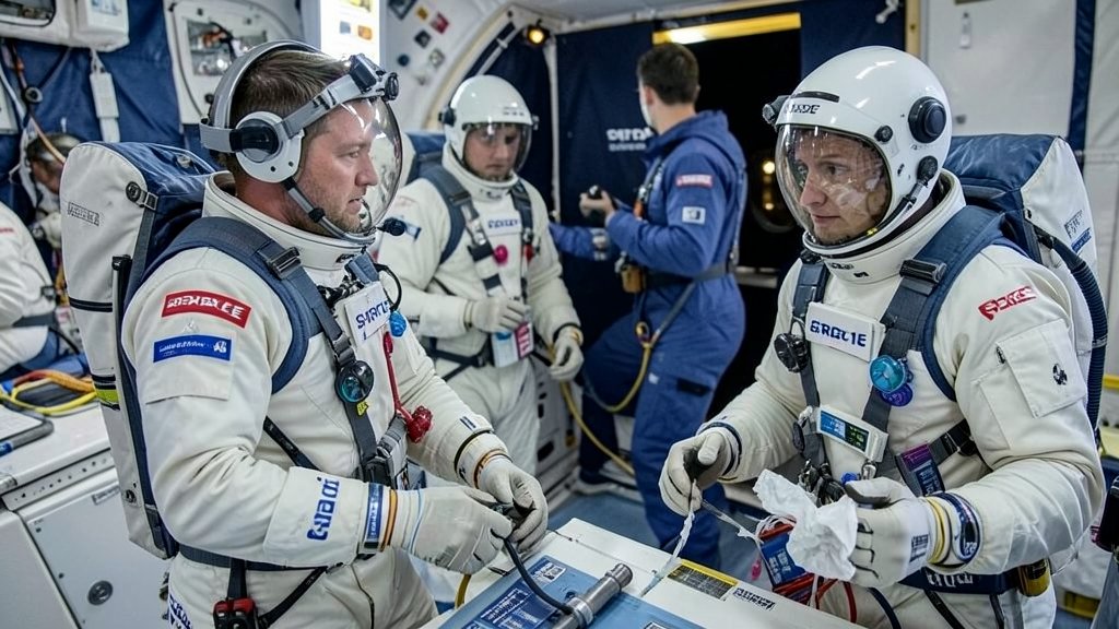 An image of the SpaceX Crew-11 astronauts preparing for departure from the International Space Station, with a focus on the medical evacuation procedure and the astronauts' safety gear.