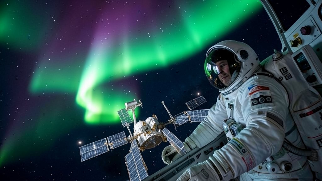 A high-resolution image of the International Space Station with a vibrant aurora display in the background, captured by an astronaut on board.