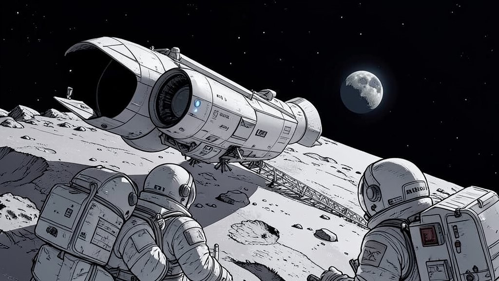 An illustration of the Artemis II spacecraft approaching the Moon, with astronauts in their spacesuits looking out at the lunar surface
