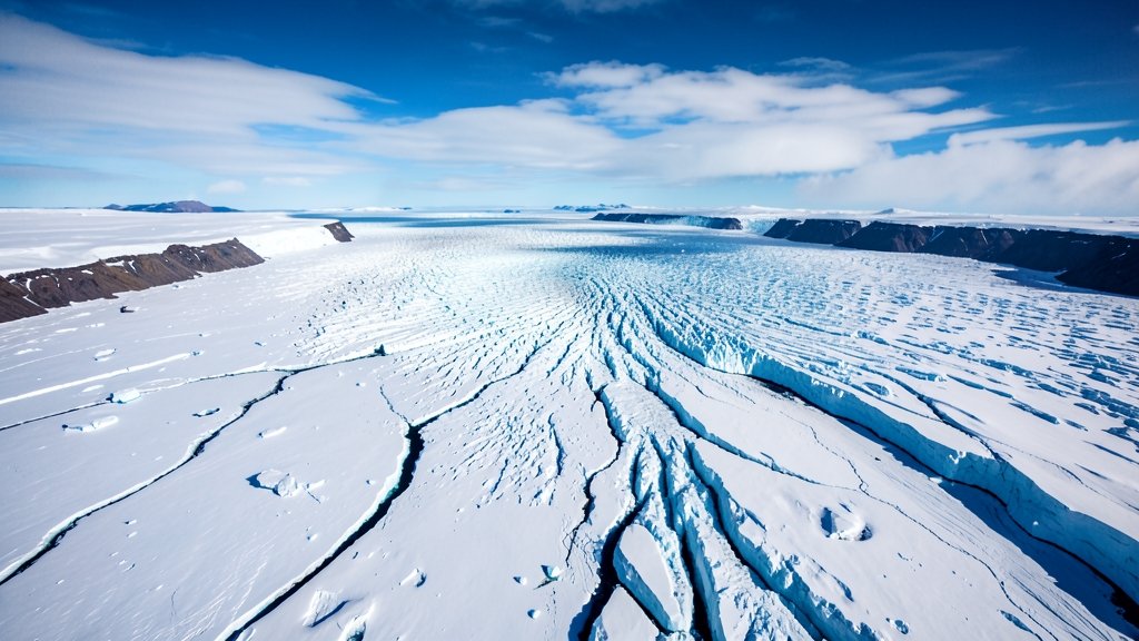 A dramatic aerial view of Antarctica's Thwaites Glacier, with cracks and icebergs visible, set against a backdrop of a blue sky with clouds.