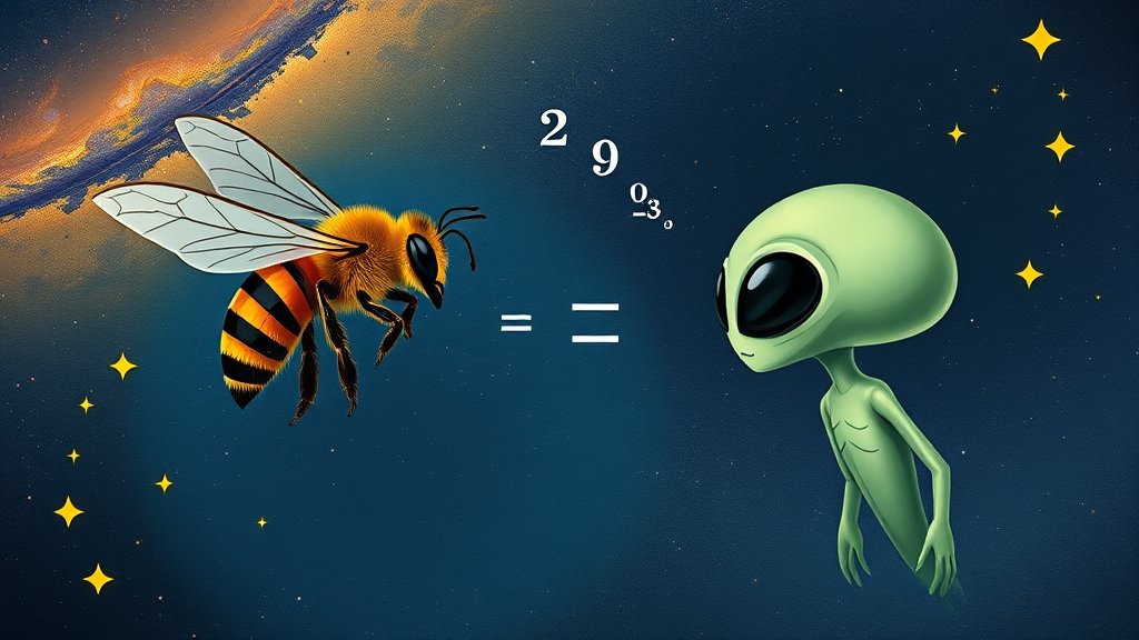 An illustration of a honeybee communicating with an alien through a mathematical equation, with a galaxy background and stars.