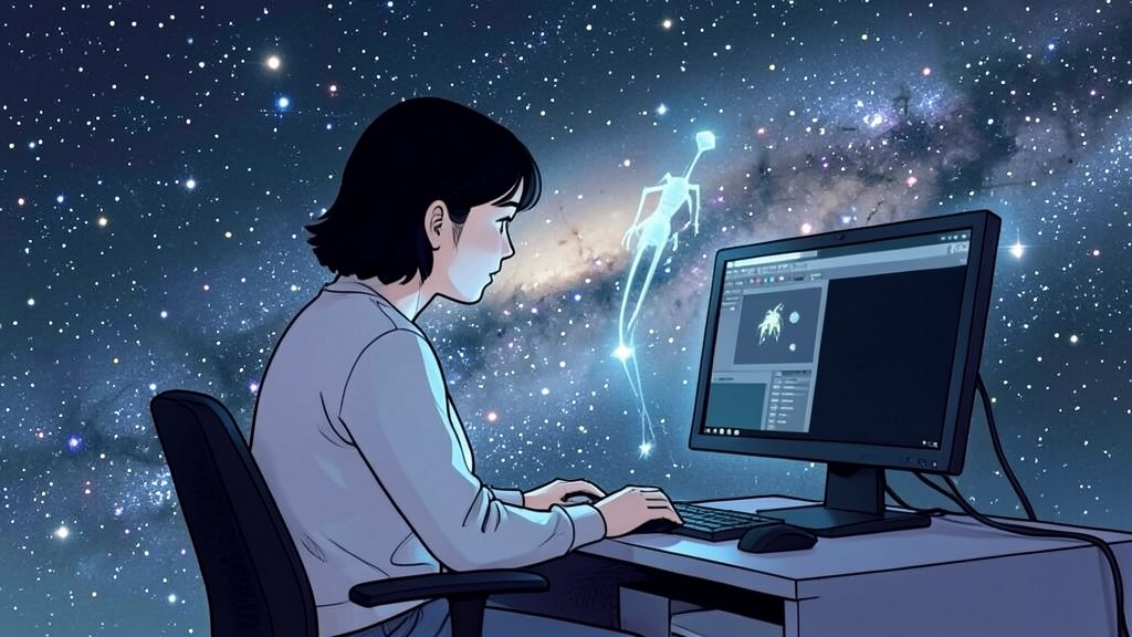 An illustration of a person sitting in front of a computer, with a galaxy or stars in the background, symbolizing the search for extraterrestrial life.