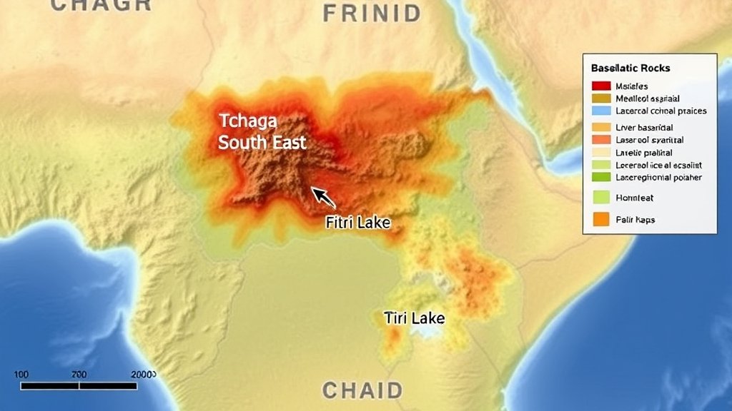 A geological map of the Tchaga South East area near Fitri Lake in Chad, showing the location of basaltic rocks and their metallogenic implications.
