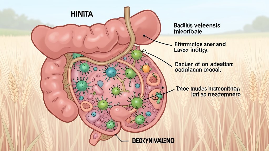 An illustration of the human gut microbiota with Bacillus velezensis bacteria, showing a reduction in inflammation and liver injury, with a subtle background of a wheat field to represent the source of deoxynivalenol.