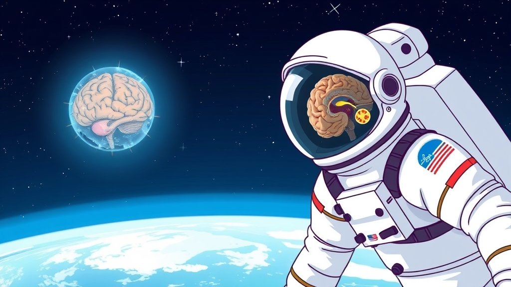 An illustration of an astronaut in space with a brain scan or an image of the Earth from space with a subtle hint of a brain or immune system in the background, conveying the connection between space travel and its effects on the human body.