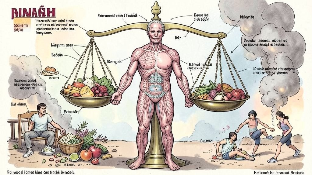 A detailed illustration of the human body with a balance scale, surrounded by environmental factors such as food, exercise, and pollution, highlighting the complex interplay between biological and environmental systems in regulating body weight.